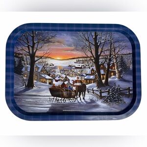 Blue Winter Village Holiday Tin Serving Tray
